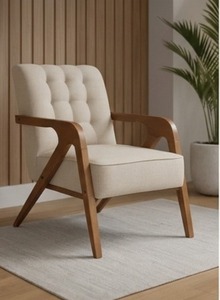 Fauteuil d'appoint capitonné en tissu de style Mid-Century Modern, fauteuil lounge individuel en bois massif pour salon - Product Image 2