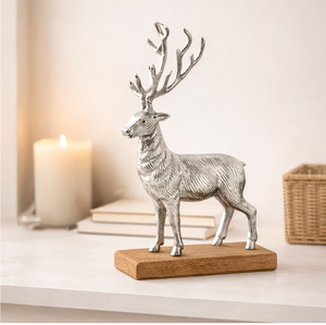 Premium Silver Aluminum Reindeer Statue With Natural Wood Base Elegant Standing Stag Figurine For Modern <b>Christmas</b> Tabletop - Product Image 3