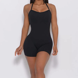 Women Seamless Halter Square Neck Sleeveless Sports Bodysuit Shorts Solid Black Spandex Polyester Simple Style - Product Image 1