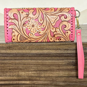 OEM ODM Hand Tooled Leather Clutch for Women's Floral & 777 Design Cowhide Fur Leather Card Holder Luxury <b>Wristlet</b> Wallet Purses - Product Image 5