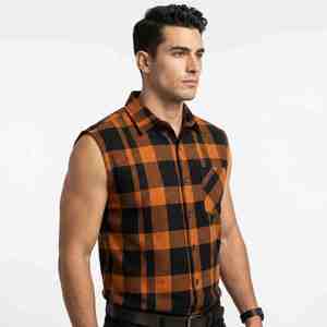 Camisa de Franela a Cuadros para Hombre, Corte Holgado, 100% Algodón, Ligera, Sin Mangas, Color Naranja y Negro, Cuello Camisero, Transpirable - Product Image 3