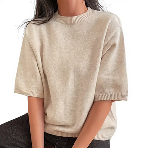 Pull ample pour femme couleur abricot à manches trois-quarts, tricot côtelé personnalisé, style vintage, 100 % coton, logo frontal - Product Image 1