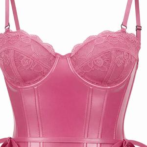 Women's Pink Underwire Corset Bodysuit With Lace Trim <b>Adjustable</b> <b>Straps</b> Side Tie Closure G-String Panty Set - Product Image 3