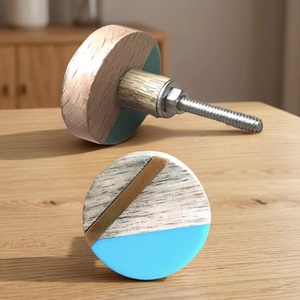 Modern Wooden Round Cabinet <b>Knob</b> with Turquoise Resin and <b>Brass</b> Inlay for Kitchen Drawer Handle Scandinavian Style - Product Image 1