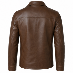 Men’s Premium Brown PU Leather <b>Jacket</b> with Turn Down Collar, Zip Front, Side Pockets and <b>Smart</b> Streetwear Style - Product Image 5