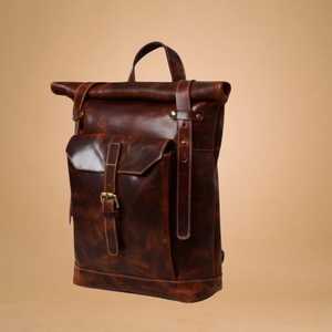 Genuine Leather Anti-Theft <b>Roll</b> Top <b>Backpack</b> Vintage <b>Backpack</b> Bag Unisex Waterproof Travel Day Pack Zipper LTBP-0243 - Product Image 2