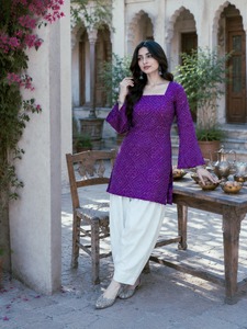 Bandhej Print Cotton Short <b>Kurti</b> with Linen Palzzo For Girls Ladies Casual Wear Regular Wear <b>Kurti</b> With Low Price Latest Design - Product Image 4