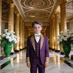 Traje de esmoquin morado bordado para niños con solapa dorada |   Conjunto de Traje Formal para Niños para Bodas y Fiestas - Product Image 1