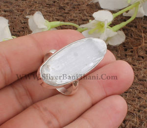 Bague ovale en sélénite naturelle blanche, plaquée argent sterling 925, pierre de spar satinée, classique pour femme, pour les soirées, équilibrage énergétique, vente en gros - Product Image 2