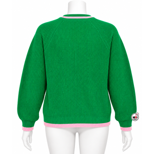 <b>Women's</b> Green Rib Knit Crew Neck Sweater With Pink <b>White</b> Stripes Full Sleeve Casual Winter Pullover 100% Acrylic Anti-Pilling - Product Image 2