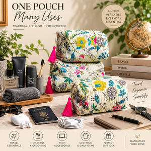 Juego de 3 Bolsas de Aseo Acolchadas con Cierre, Bolsa de Cosméticos de Algodón Hecha a Mano, Estampado Floral Botánico, Estuche Organizador de Artículos de Aseo para Viaje - Product Image 5