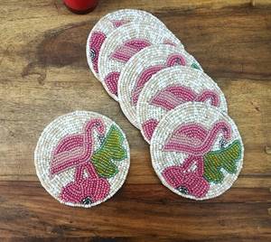 Handmade Beaded Poinsettia Coasters Red Floral Design Reusable <b>Bar</b> <b>Mats</b> Set of 6 - Product Image 6