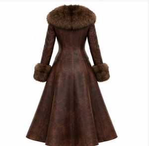 Manteau trench en cuir marron pour femme avec garniture en fourrure de renard, long, pour l'hiver - Product Image 6
