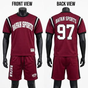 ชุดเสื้อเจอร์ซีย์ตาข่ายพรีเมียมและกางเกงขาสั้นสำหรับผู้ชาย 180 GSM น้ำหนักเบา ระบายอากาศได้ดี สีแดงเลือดหมู ดีไซน์แผงสีขาว พร้อมโลโก้แบบกำหนดเอง - Product Image 5