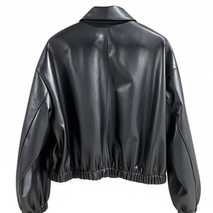 Chaqueta Bomber Corta de Cuero PU, Genuina, Suave, Resistente al Viento, con Cuello Alto y Cierre de Cremallera, Negra, Unisex, para Invierno - Product Image 6