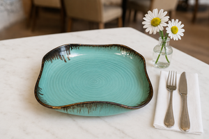 Handmade <b>Ceramic</b> Serving <b>Plate</b> Irregular Shape Turquoise Color Modern Design for Dinnerware Dishes & <b>Plates</b> - Product Image 4