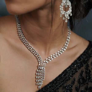 Collier ras du cou en argent 925 pour femme, avec pampilles en strass de cristal de moissanite, coupe marquise, bijoux de mariage, design chaîne perlée - Product Image 2