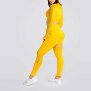 Conjunto de Yoga para Mujer, Color Sólido, Cuello Redondo, Top Corto, Leggings de Cintura Alta, 2 Piezas, Sin Costuras, Spandex/Nailon, Transpirable - Product Image 5