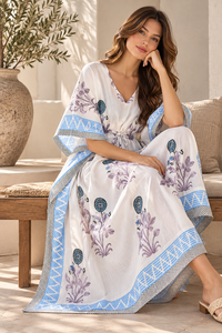 White Printed <b>Bohemian</b> Kaftan for Women Blue Geometric Trim Purple Floral Motifs V Neck <b>Maxi</b> <b>Dress</b> 100% Cotton Breathable - Product Image 6