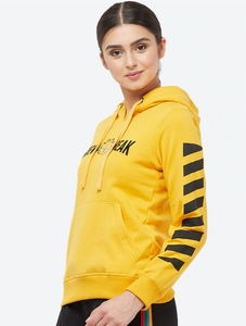 Women Yellow Hooded Sweatshirt With Letter Print And Striped Sleeves Regular Fit Breathable Cotton Autumn Wear - Product Image 5