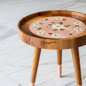 Wholesale Custom Artisan Wooden <b>Stool</b> Hand-Painted Floral Inlay Decorative Stand Durable Solid Wood Tripod Side <b>Table</b> - Product Image 3