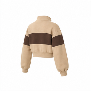 เสื้อสเวตเชิ้ตครอปทรงหลวมสำหรับผู้หญิง สีคาเมล แต่งซิปครึ่งตัว คอตั้ง ผ้าฝ้ายหวีอย่างดี ปรับแต่งได้ - Product Image 4