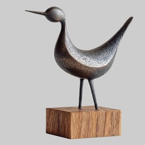Modern Metal Bird Sculpture on Wooden Base Irregular Shape Tabletop Home Decoration Mid Century Modern Style Animal Theme - Product Image 3