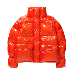Red Unisex Puffer <b>Jacket</b> Stand Collar <b>Down</b> <b>Filled</b> Windproof Short Casual Winter Coat Regular Fit Zipper Closure Solid Color - Product Image 3