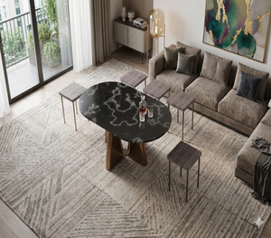 ชุดโต๊ะรับประทานอาหารหินอ่อนสีดำทรงรีทันสมัยพร้อมฐานโลหะแกะสลักสำหรับเฟอร์นิเจอร์บ้านหรูและโรงแรม - Product Image 4