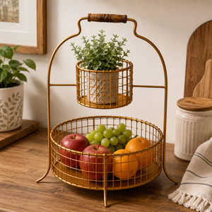 2-Tier Iron Wire <b>Basket</b> <b>Table</b> Top Organizer | Decorative Fruit, Vegetable & Kitchen Storage <b>Basket</b> - Product Image 6
