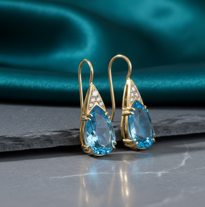Boucles d'oreilles pendantes en topaze bleue hydro et zirconium cubique, en argent sterling 925 plaqué or 18 carats, forme poire de 5,5 pouces, bijoux de fête et de mariée - Product Image 4