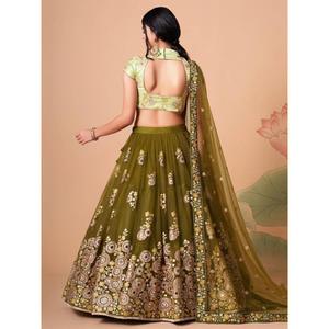 Espléndido Espejo Verde Oliva Red De Trabajo Lehenga Choli Con Dupatta - Product Image 3