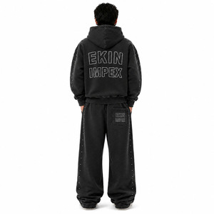 Conjunto de Sudadera con Capucha y Cremallera con Logotipo Personalizado, Lavado Ácido, y Pantalones de Chándal de Pierna Ancha, Estilo Vintage, con Remaches, Holgado, de 2 Piezas, 100% Algodón - Product Image 4