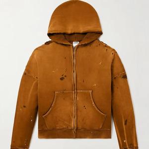 Sudadera con capucha térmica para hombre, hecha a medida, estilo vintage, con hombros caídos, lavado ácido, desgastada, con parches, corte y costura, con cremallera - Fabricante de ropa - Product Image 5