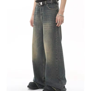 Pantalon en jean délavé coupe ample décontracté pour homme à prix abordable, imprimé, jambe large, vente en gros - Product Image 1