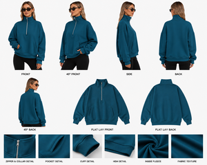 Sweat-shirt oversize pour femme à col montant et fermeture éclair quart, couleur unie, épaules tombantes, en polaire respirante à manches longues pour l'automne - Product Image 6