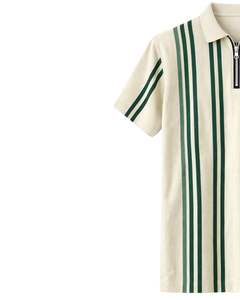 Camiseta Polo Personalizada para Hombre con Media Cremallera y Rayas Verticales Verdes, Top Casual de Manga Corta de Punto, Fabricante Personalizado OEM - Product Image 2
