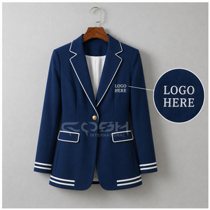 Blazer de poliéster azul estilo preppy con un solo botón y ribete blanco, con logotipo personalizado de Delta Sigma, de Cosh International Greek Apparel. - Product Image 1