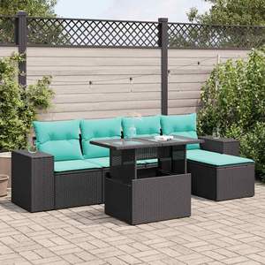 Ensemble de canapés de patio en polyrotin noir et acacia, 6 pièces, avec coussins, ensembles de jardin - Product Image 1
