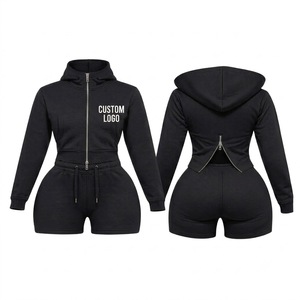 Combinaison courte à capuche noire pour femme, fermeture éclair bleue, impression de logo personnalisé, coupe ajustée, style décontracté, toutes saisons, polyester/coton, séchage rapide - Product Image 5