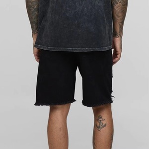 Shorts Bermuda en coton noir délavé pour homme, taille mi-haute, ourlet déchiré, style décontracté - Product Image 2