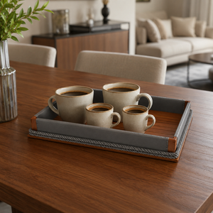 Plateau décoratif en bois de luxe avec côtés recouverts de cuir et corde |   Organisateur de table basse pour une décoration intérieure élégante - Product Image 3