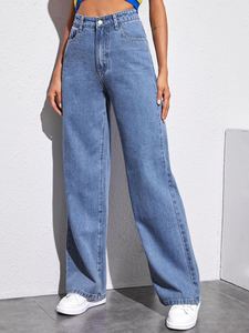 New Hot Selling das Mulheres <span class=keywords><strong>Jeans</strong></span> Versátil Multi Bolso Straight Fit Flare Calças de Cintura Alta Solta Casual Denim Calças Perna Larga - Product Image 4