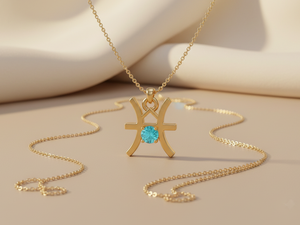 Collar del Zodiaco Piscis, Latón Chapado en Oro con Piedra Aguamarina - Product Image 2
