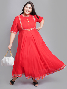 Red Rayon Pintucks Anarkali Kurti With Mandarin Collar And Short Sleeves For Plus Size Women's Stylish Daily Wear - Product Image 4