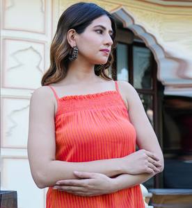 Ensemble 2 pièces long pour femme, haut sans manches à col carré, imprimé rayé en viscose orange, coupe classique, pour l'été et le quotidien - Product Image 4