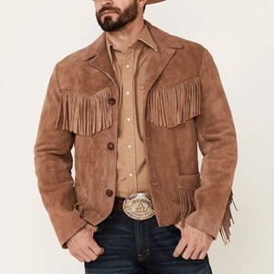 Premium Brown Genuine <b>Suede</b> Leather <b>Men</b> Fringe <b>Jacket</b> Retro Turn Down Collar Cowboy Style Wholesale Customization Available - Product Image 3