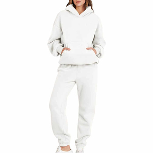 Conjunto de Sudadera con Capucha y Pantalones Deportivos de Felpa de Algodón Orgánico Transpirable Azul Claro para Mujer, Corte Regular, Color Sólido, Largo Completo - Product Image 4