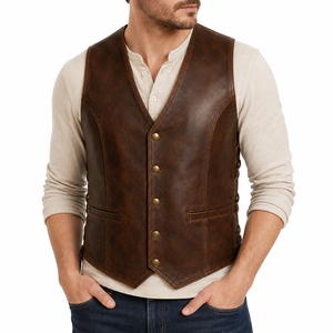 Custom Logo And Design Men's <b>Brown</b> Genuine Leather <b>Vest</b> V-Neck Single Breasted Adjustable Waist Pockets Autumn Winter Outerwear - Product Image 6