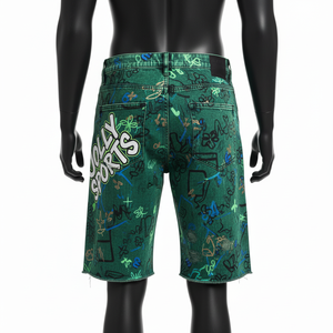 Shorts de Mezclilla Verde con Lavado Ácido Premium, Mezclilla Gruesa de Algodón, Estilo Urbano con Graffiti, Logotipo Personalizado con Serigrafía, Shorts de Hombre con Lavado Ácido - Product Image 6